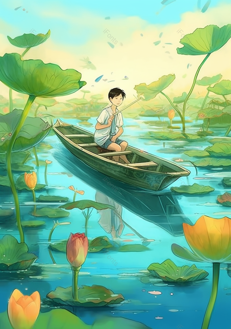 小男孩夏日小孩划船木船荷花河水盛开荷叶炎热植物景色插画,插画/手绘图,插画/手绘图库,插画/手绘图下载,插画/手绘
